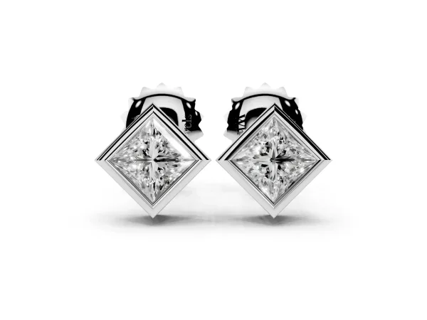 Princess Cut Bezel Set Diamond Stud Earrings Silver