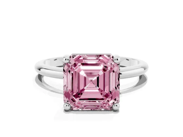 Fancy Pink Asscher Cut Solitaire Diamond Ring with 4-Prong Setting on a Classic Band Platinum