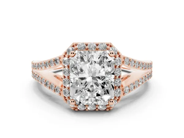 Radiant Cut Halo Split Shank Pave Diamond Ring with Four-Prong Setting Rose gold