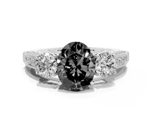 Fancy Black Oval Cut Three-Stone Diamond Ring with Pavé Band and Four-Prong Setting Platinum