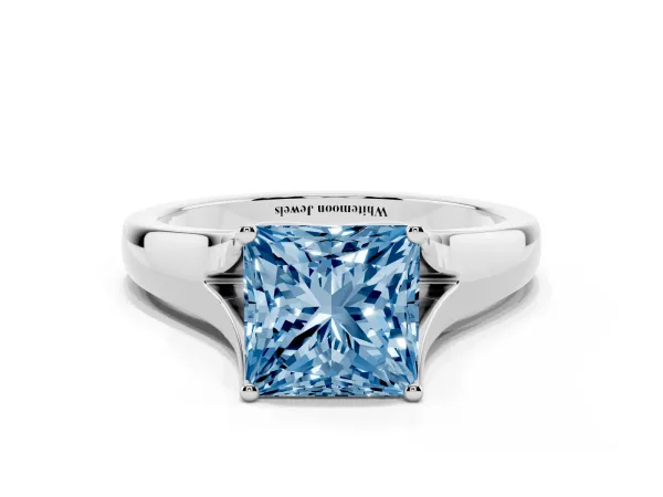 Fancy Blue Princess Cut Solitaire Diamond Ring with Cathedral Band and Four-Prong Setting White gold