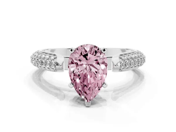 Fancy Pink Pear Cut Diamond Solitaire Engagement Ring with Multi-Row Round Pavé Band and Prong Setting White gold