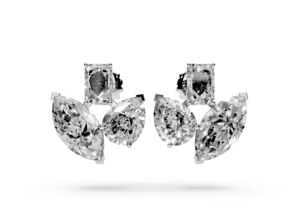 Emerald, Marquise and Pear Diamond Mosaic Three Stone Fan Earrings Platinum