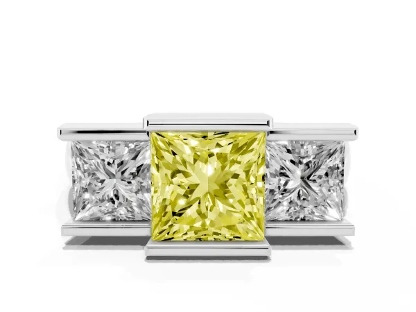 Fancy Yellow Three Stone Princess Cut Cut Channel Set Diamond Ring White gold