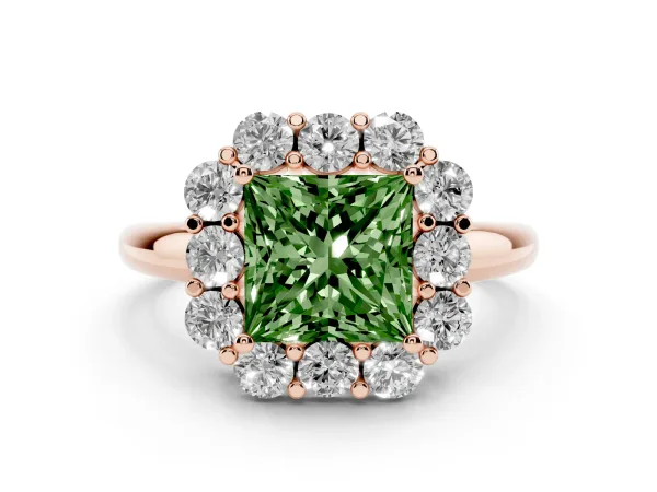 Fancy Green Princess Cut Halo Milgrain Solitaire with Bezel Set Side Stones and Pave Band Rose gold