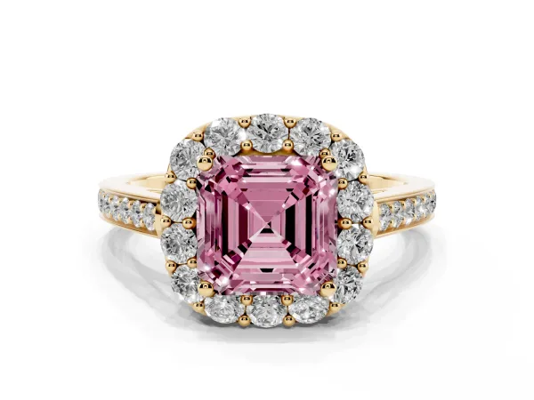Fancy Pink Asscher Cut Diamond Floral Halo Ring with Pavé Band and Prong Setting Yellow gold