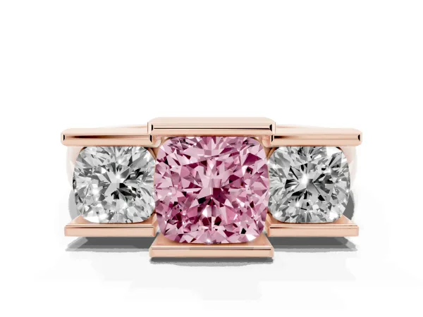 Fancy Pink Three Stone Cushion Cut Cut Channel Set Diamond Ring Rose gold