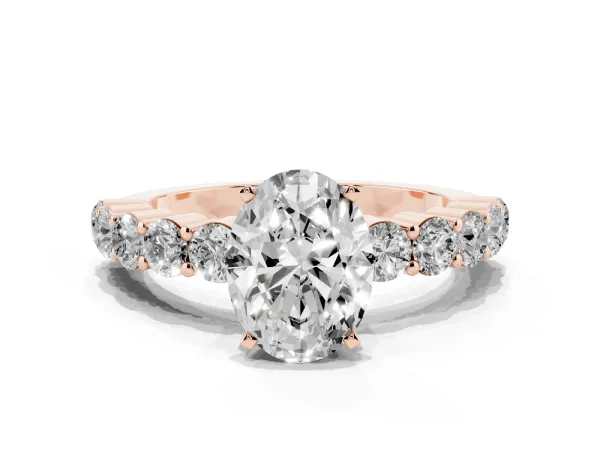 Oval Cut Diamond Solitaire Ring with Shared Prong Round Side Stones Rose gold