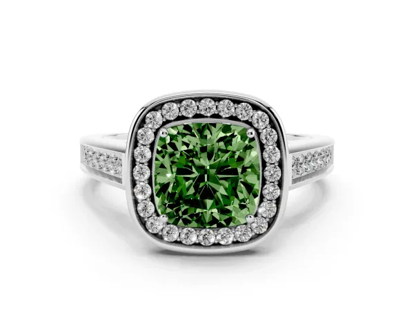 Fancy Green Cushion Cut Halo Solitaire Diamond Ring with Pave Band and Bezel Setting Platinum