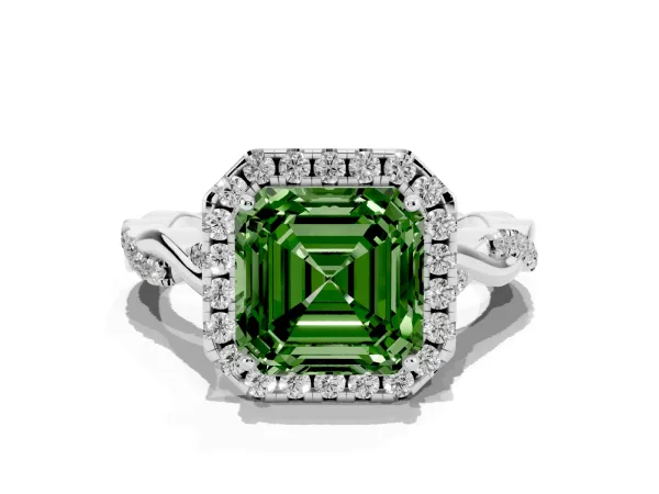 Fancy Green Asscher Cut Halo Twist Band Solitaire Ring White gold