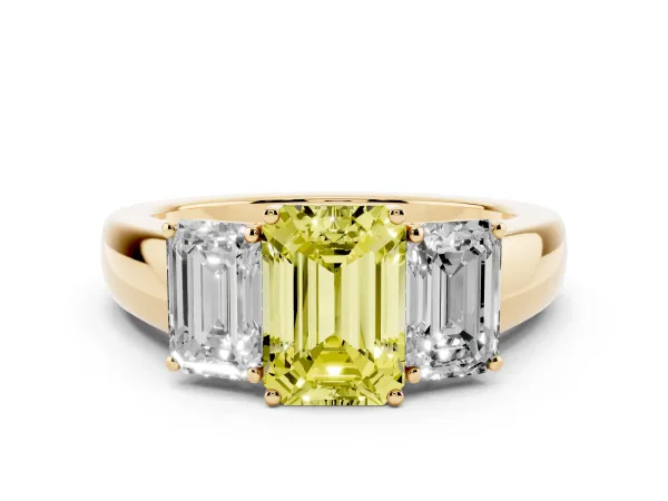 Fancy Yellow Three-Stone Emerald Cut Cut Diamond Ring with Prong Setting and Classic Band Yellow gold