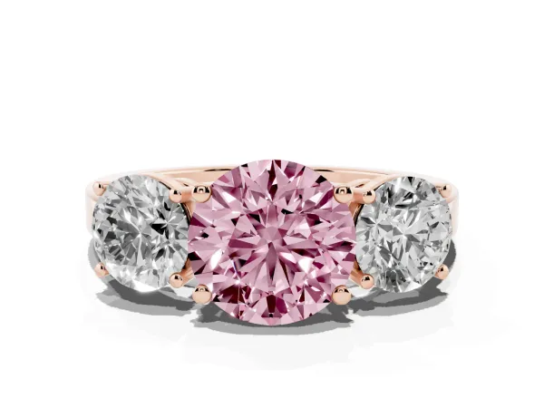 Fancy Pink Three-Stone Round Cut Cut Diamond Engagement Ring with Flat Band and Four-Prong Setting Rose gold