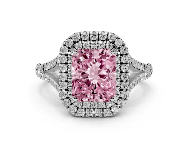 Fancy Pink Double Halo Radiant Cut Diamond Split Shank Engagement Ring with Four-Prong Setting White gold