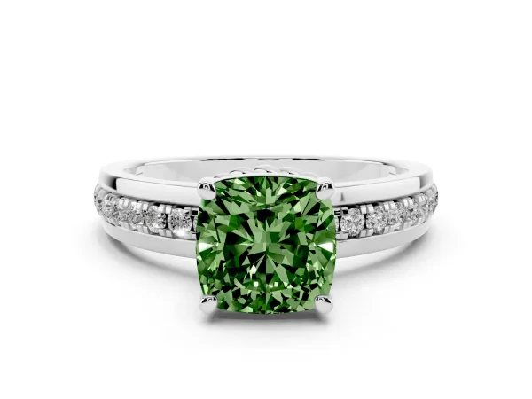 Fancy Green Cushion Cut Solitaire Diamond Ring with Channel Set Band and Six-Prong Setting White gold