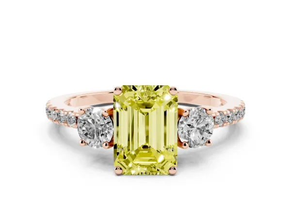 Fancy Yellow Three-Stone Emerald Cut Cut Diamond Pavé Band with Prong Setting Rose gold