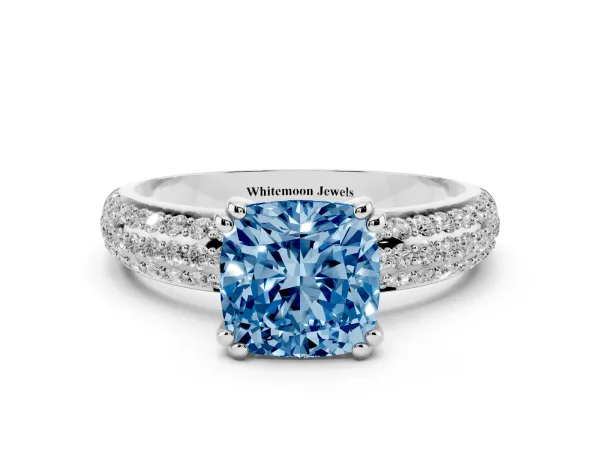 Fancy Blue Cushion Cut Diamond Solitaire Ring with Multi-Row Round Pavé Band and Prong Setting White gold