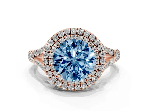 Fancy Blue Round Cut Cut Double Halo Split Shank Diamond Ring with Prong Setting Rose gold