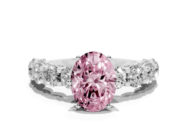 Fancy Pink Oval Cut Diamond Side Stone Engagement Ring with Four-Prong Setting Platinum