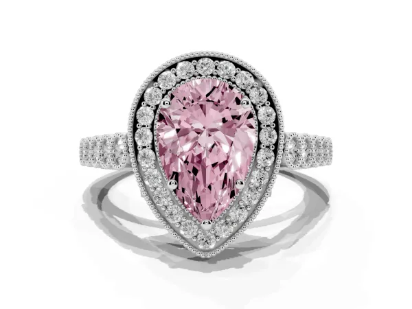 Fancy Pink Pear Cut Halo Twist Band Solitaire Ring with Six-Prong Setting White gold