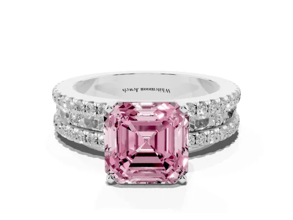 Fancy Pink Asscher Cut Diamond Solitaire Ring with Pavé and Channel Set Band Platinum