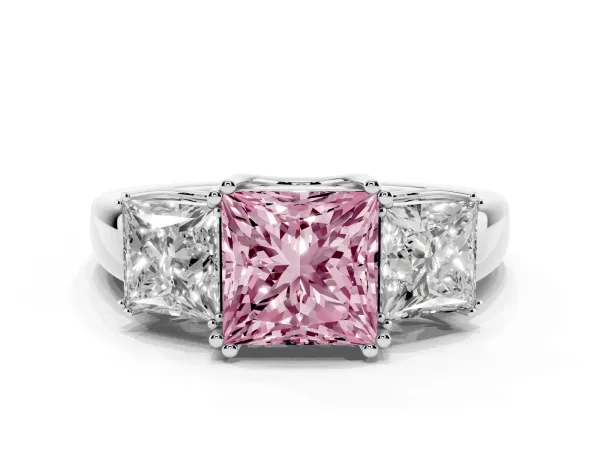 Fancy Pink Three-Stone Princess Cut Cut Diamond Ring with Channel Set Band and Four-Prong Setting Platinum
