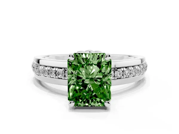 Fancy Green Radiant Cut Solitaire Diamond Ring with Channel Set Band and Six-Prong Setting Platinum