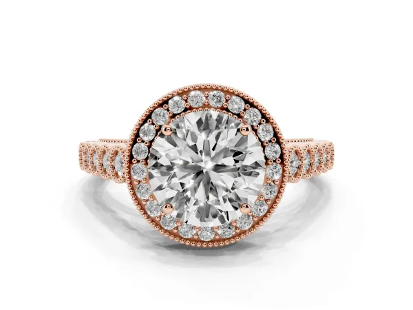 Round Cut Halo Milgrain Solitaire with Bezel Set Side Stones and Pave Band Rose gold