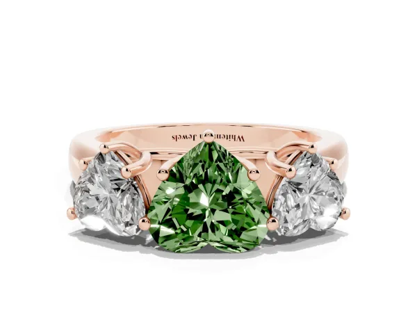 Fancy Green Heart Cut Three-Stone Diamond Ring with Prong Setting on a Classic Band Rose gold