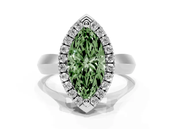 Fancy Green Marquise Cut Cut Halo Solitaire Engagement Ring with Square Band and Four-Prong Setting Platinum