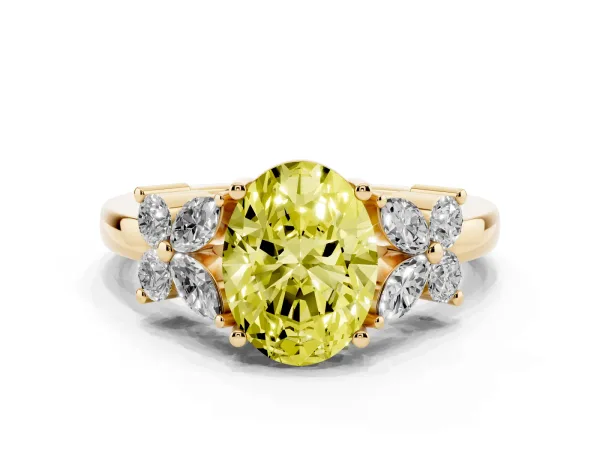 Fancy Yellow Oval Cut Diamond Floral Cluster Ring with Solitaire Band and Prong Setting Yellow gold