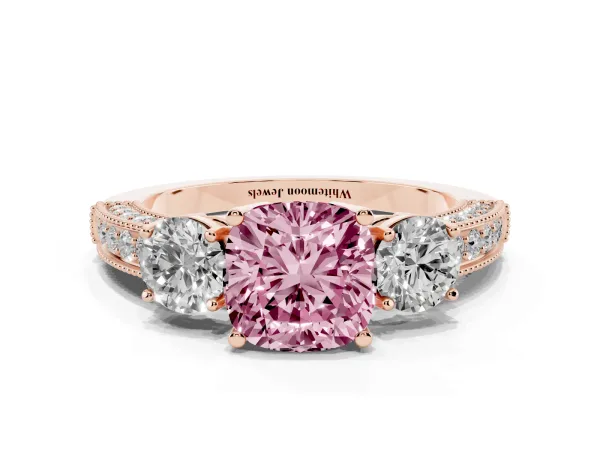 Fancy Pink Cushion Cut Three-Stone Diamond Ring with Pavé Band and Four-Prong Setting Rose gold