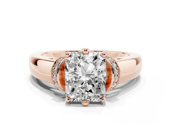 Radiant Cut Solitaire Diamond Ring with Pave Band and Six-Prong Setting Rose gold