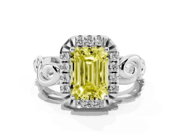 Fancy Yellow Emerald Cut Cut Halo Diamond Ring with Scrollwork Band and Four-Prong Setting Platinum