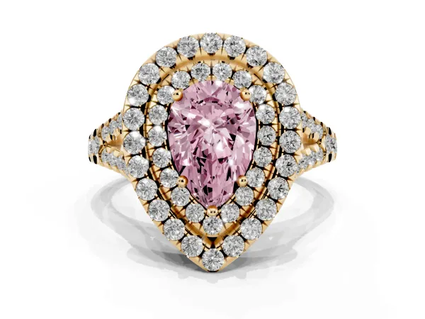 Fancy Pink Double Halo Pear Cut Diamond Pavé Split Shank Ring with Prong Setting Yellow gold