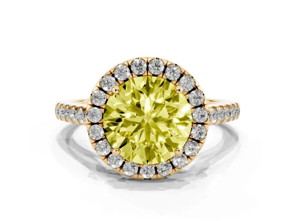 Fancy Yellow Round Cut Halo Pavé Diamond Engagement Ring with Four-Prong Setting Yellow gold