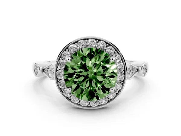 Fancy Green Round Cut Halo Diamond Engagement Ring with Twisted Band and Four-Prong Setting Platinum