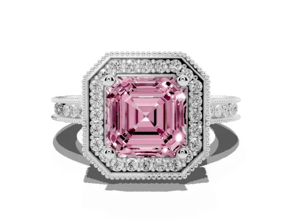Fancy Pink Asscher Cut Diamond Milgrain Halo Engagement Ring with Round Pavé Band and Prong Setting White gold