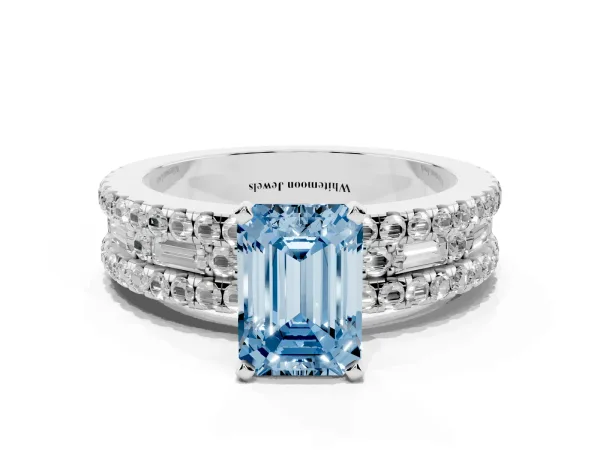 Fancy Blue Emerald Cut Diamond Solitaire Ring with Pavé and Channel Set Band White gold