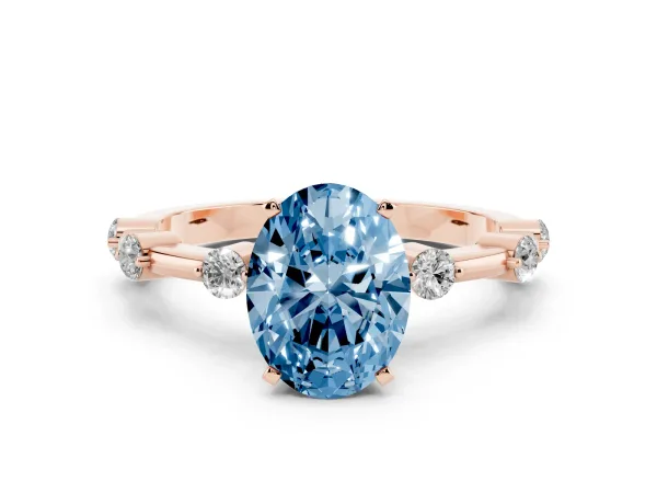 Fancy Blue Oval Cut Solitaire Diamond Ring with Bezel Set Side Stones and Prong Setting Rose gold