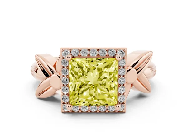 Fancy Yellow Princess Cut Halo Diamond Floral Band with Four-Prong Setting Rose gold