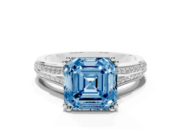 Fancy Blue Asscher Cut Diamond Split Shank Engagement Ring with Pavé Band White gold