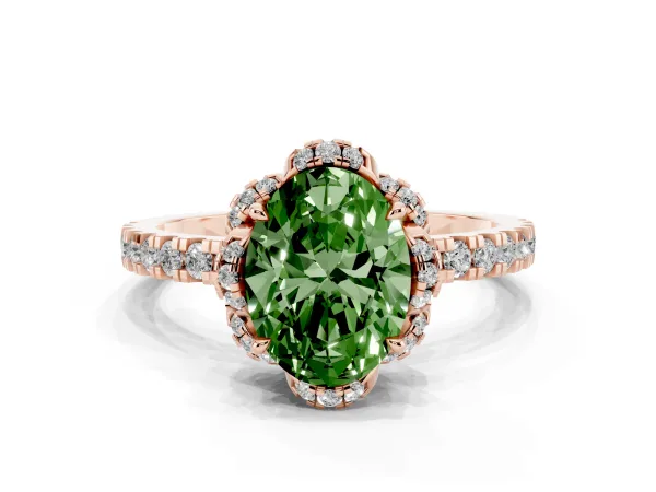 Fancy Green Oval Cut Halo Diamond Pave Band Ring with Four-Prong Setting Rose gold