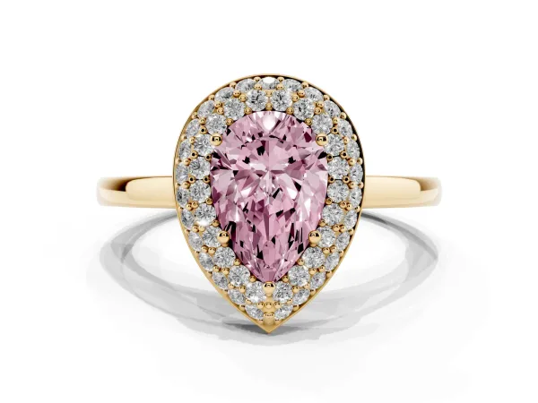Fancy Pink Pear Cut Halo Diamond Engagement Ring with Solitaire Band and Four-Prong Setting Yellow gold
