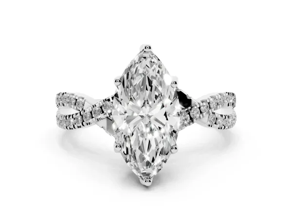 Marquise Cut Solitaire Twist Pave Diamond Engagement Ring with Prong Setting White gold