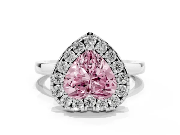 Fancy Pink Heart Cut Halo Diamond Solitaire with Pavé Band and Four-Prong Setting White gold