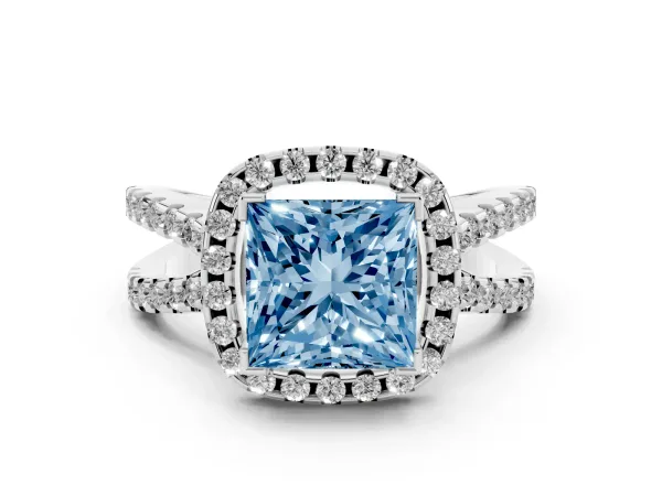 Fancy Blue Princess Cut Diamond Halo Ring with Split Shank Pavé Band and Prong Setting White gold