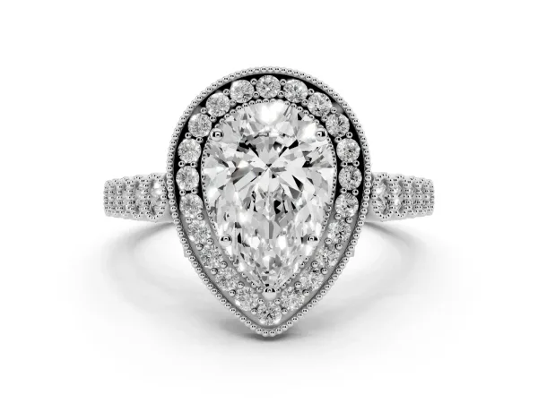 Pear Cut Halo Twist Band Solitaire Ring with Six-Prong Setting White gold