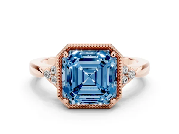 Fancy Blue Hexagonal Halo Asscher Cut Diamond Solitaire with Pavé Band and Four-Prong Setting Rose gold