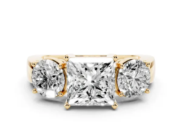 Three-Stone Princess Cut Diamond Ring with Round Side Stones, Classic Band, and Four-Prong Setting Yellow gold