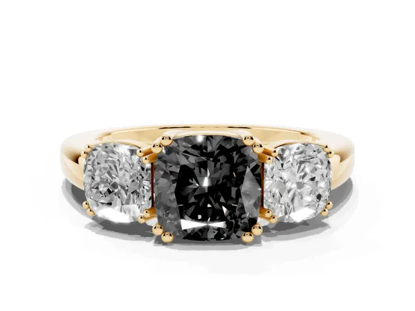 Fancy Black Three-Stone Cushion Cut Cut Diamond Ring with Channel Set Band and Four-Prong Setting Yellow gold